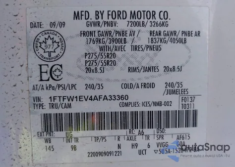 2010 Ford F-150 Fx4/Harley-Davidson/King Ranch/Lariat/Platinum/Xl/Xlt z USA, uszkodzony, nr VIN 1FTFW1EV4AFA33360